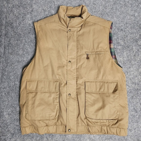 Eddie Bauer VTG Hunting Vest Men 2XL XXLT Tall 80s Beige Goose Down Leather Trim